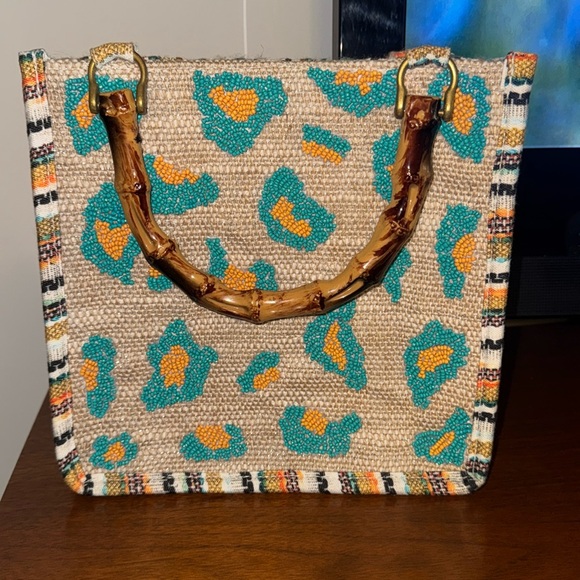 America and Beyond Handbags - Luxe Leopard Beaded Turquoise Canvas Handbag America and Beyond